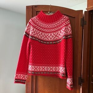 J. Crew Red and White Nordic Pattern Turtleneck Sweater